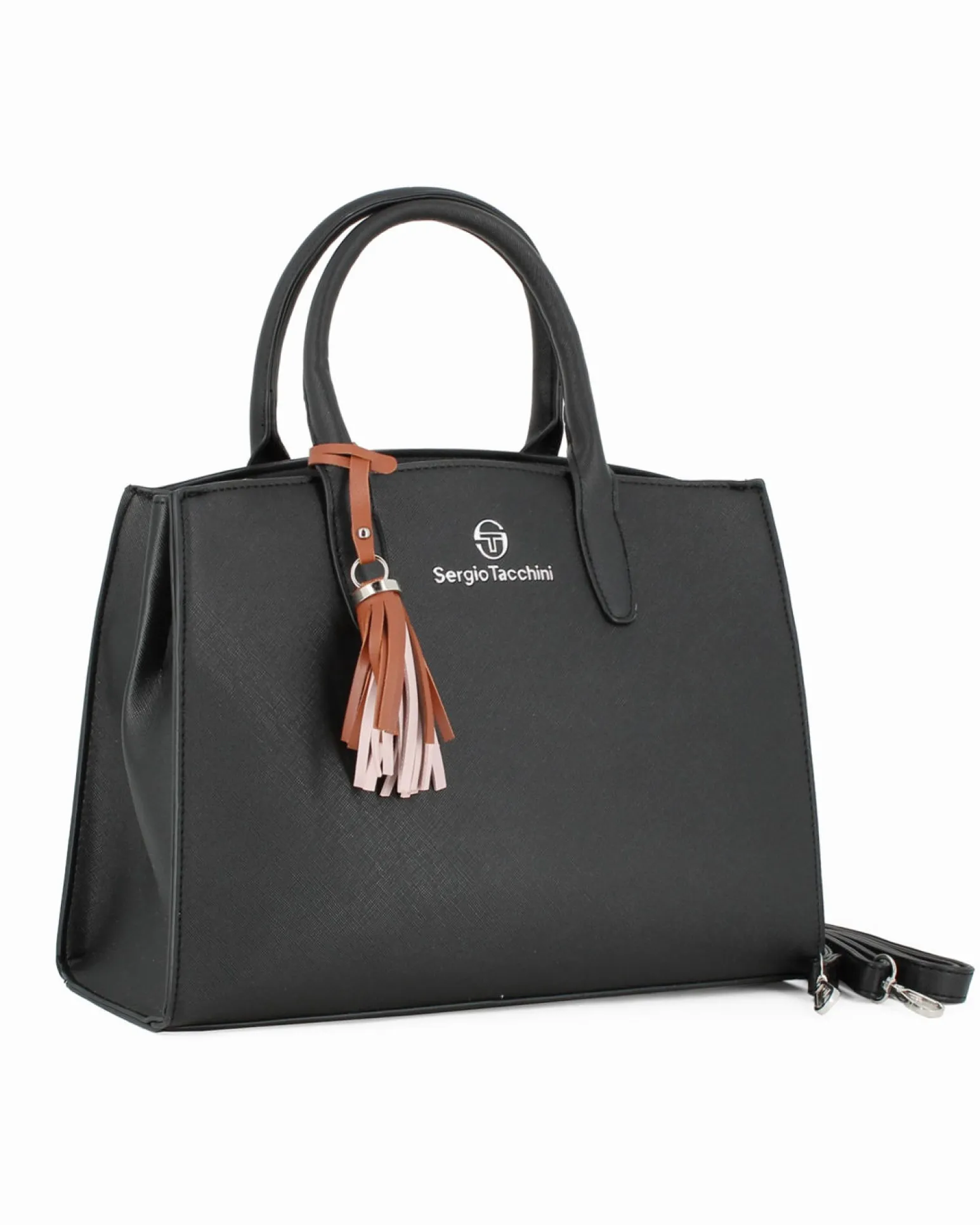 SERGIO TACCHINI - Borsa due manici nera con pennacchio a frange e tre scomparti principali, tracolla removibile