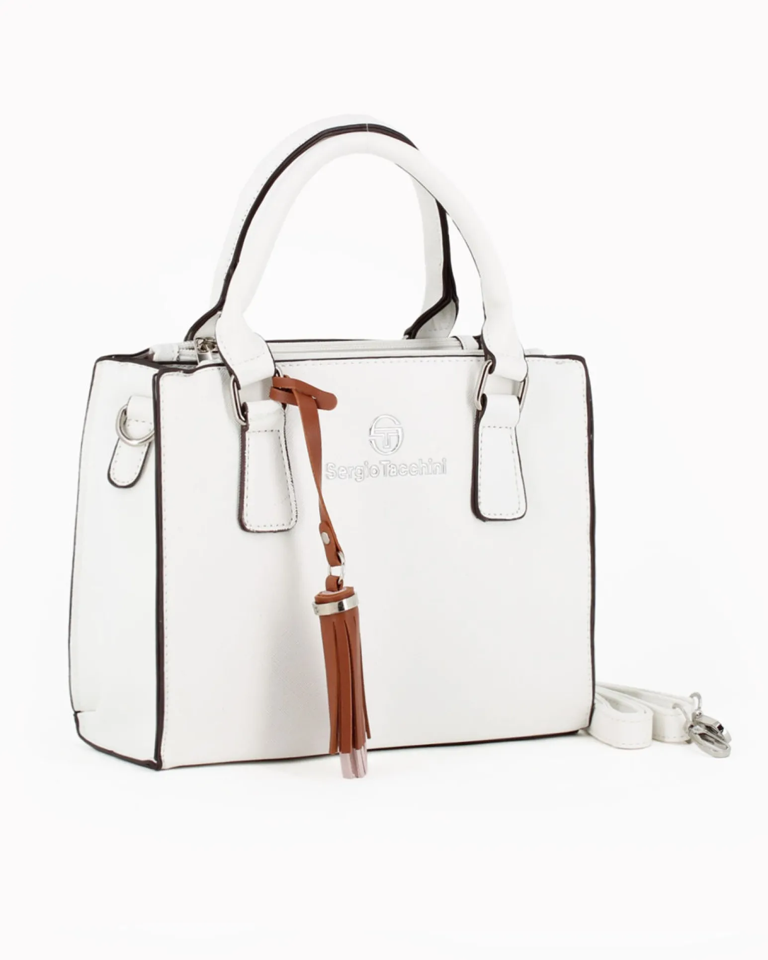 SERGIO TACCHINI - Borsa due manici bianca con pennacchio a frange e tre scomparti principali, tracolla removibile
