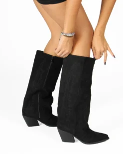 SOLEIL - Stivale texano nero scamosciato con zip laterale e risvolto, tacco 7CM