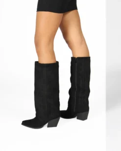 SOLEIL - Stivale texano nero scamosciato con zip laterale e risvolto, tacco 7CM