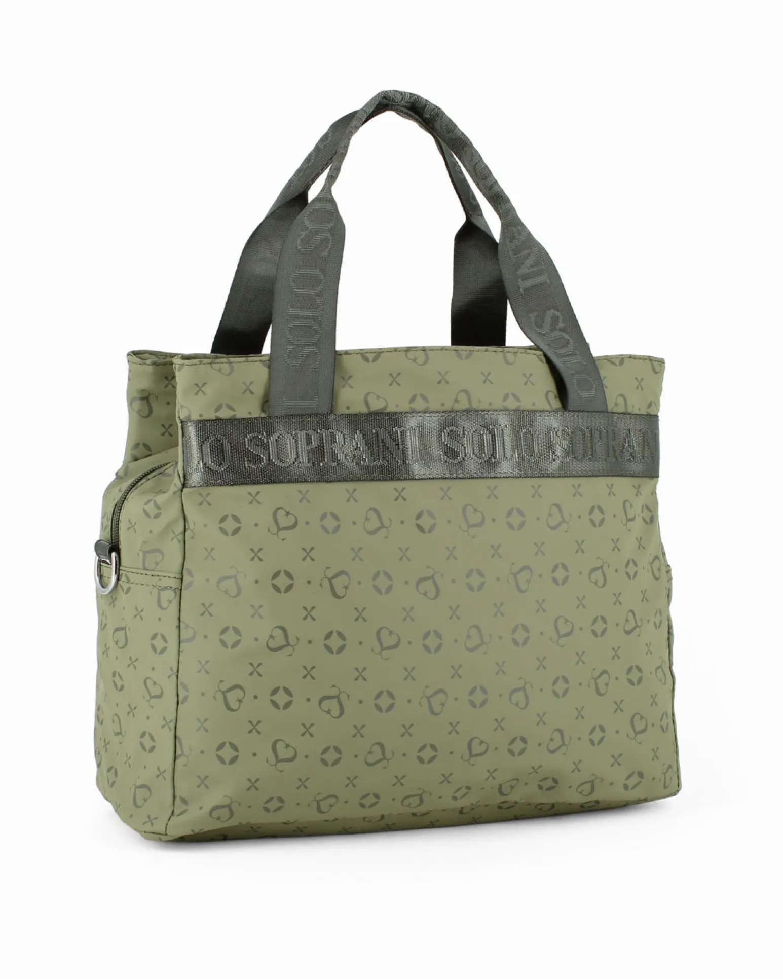 SOLO SOPRANI - Borsa due manici verde con tasca frontale e tre scomparti principali, tracolla remobile