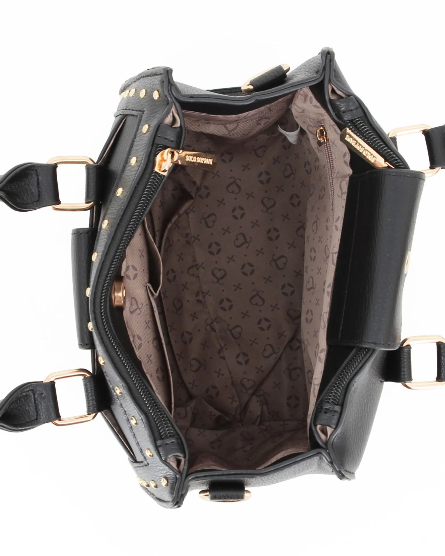 SOLO SOPRANI - Borsa due manici nera con tre scomparti principali e tasca frontale, tracolla removibile