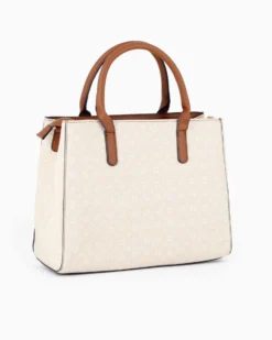 SOLO SOPRANI - Borsa due manici panna loggata con ciondolo fiocco+cuore, tracolla removibile