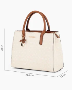 SOLO SOPRANI - Borsa due manici panna loggata con ciondolo fiocco+cuore, tracolla removibile