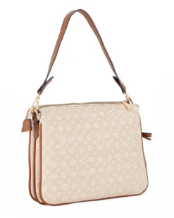 SOLO SOPRANI - Borsa un manico beige loggata con tre scomparti interni e ciondolo fiocco+cuore, tracolla removibile