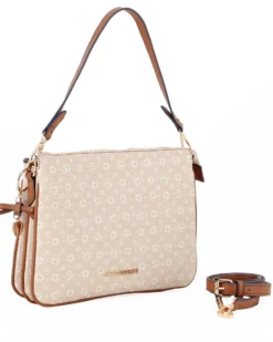 SOLO SOPRANI - Borsa un manico beige loggata con tre scomparti interni e ciondolo fiocco+cuore, tracolla removibile