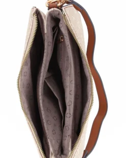 SOLO SOPRANI - Borsa un manico beige loggata con tre scomparti interni e ciondolo fiocco+cuore, tracolla removibile