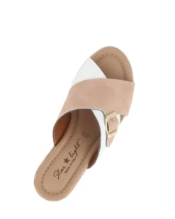 STARLIGHT - Ciabatta platform bianca e beige con fibbia e sottopiede in VERA PELLE, tacco 5,5CM - MADE IN ITALY