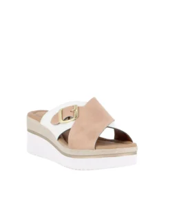STARLIGHT - Ciabatta platform bianca e beige con fibbia e sottopiede in VERA PELLE, tacco 5,5CM - MADE IN ITALY