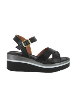 STARLIGHT - Sandalo platform nero con sottopiede in VERA PELLE e cinturini incrociati, tacco 5CM - MADE IN ITALY