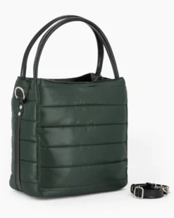 TATOO - Borsa verde due manici con fasce orizzontali imbottite e tracolla removibile, MADE IN ITALY