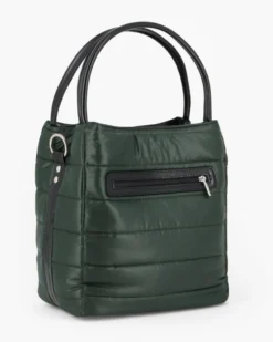 TATOO - Borsa verde due manici con fasce orizzontali imbottite e tracolla removibile, MADE IN ITALY
