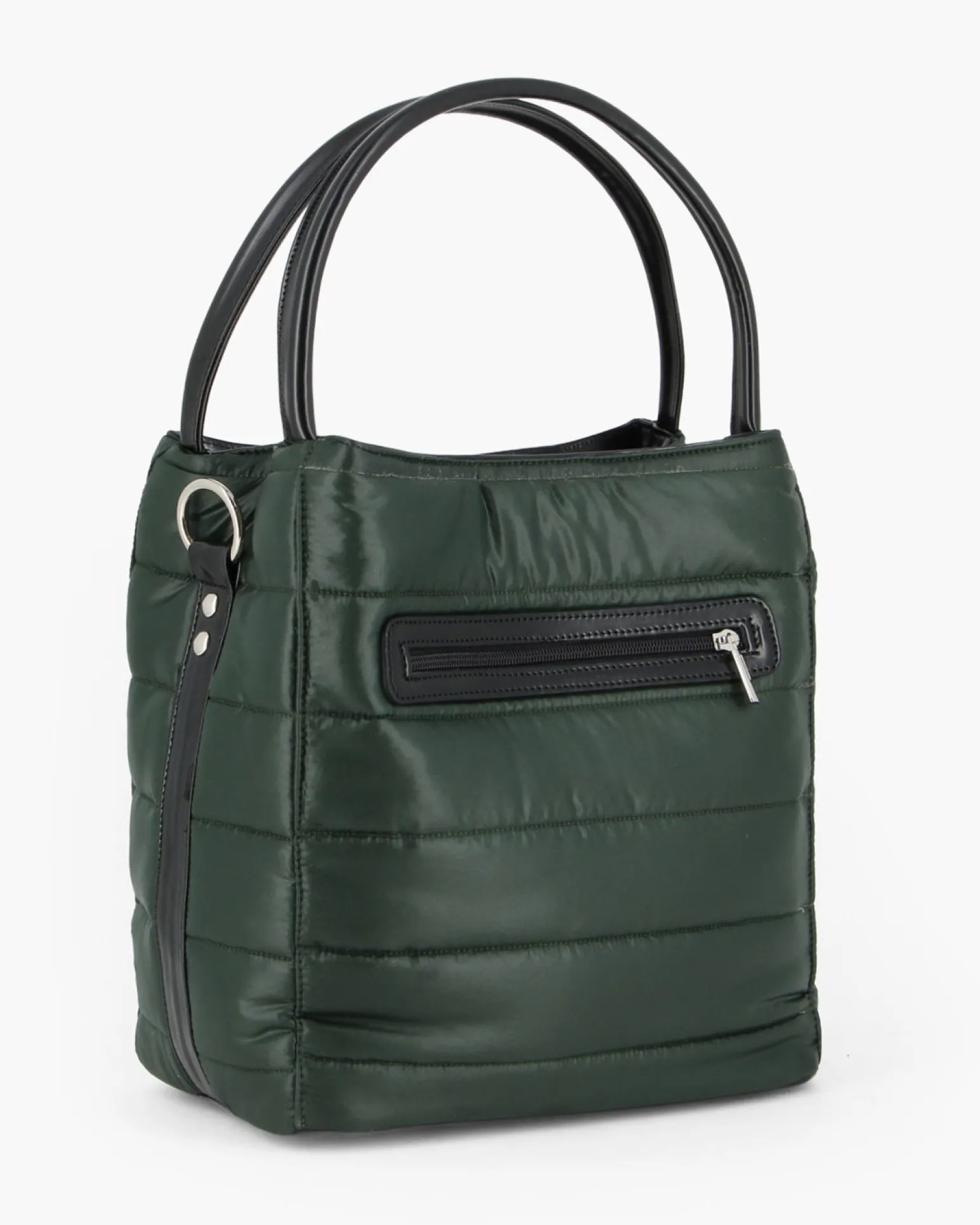TATOO - Borsa verde due manici con fasce orizzontali imbottite e tracolla removibile, MADE IN ITALY