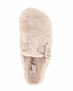 TATOO - Sabot beige con pelliccia e cinturino con fibbia strass