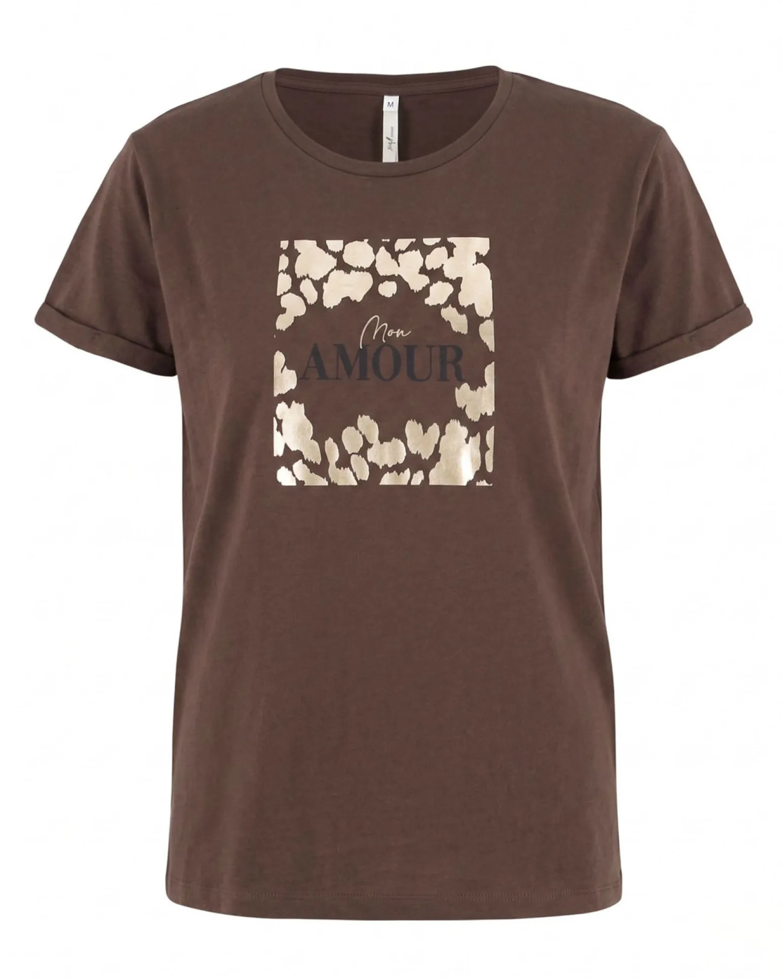 TATOO - Tshirt manica corta con stampa e scritta marrone in cotone