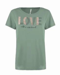 TATOO - Tshirt manica corta con scritta verde salvia in cotone