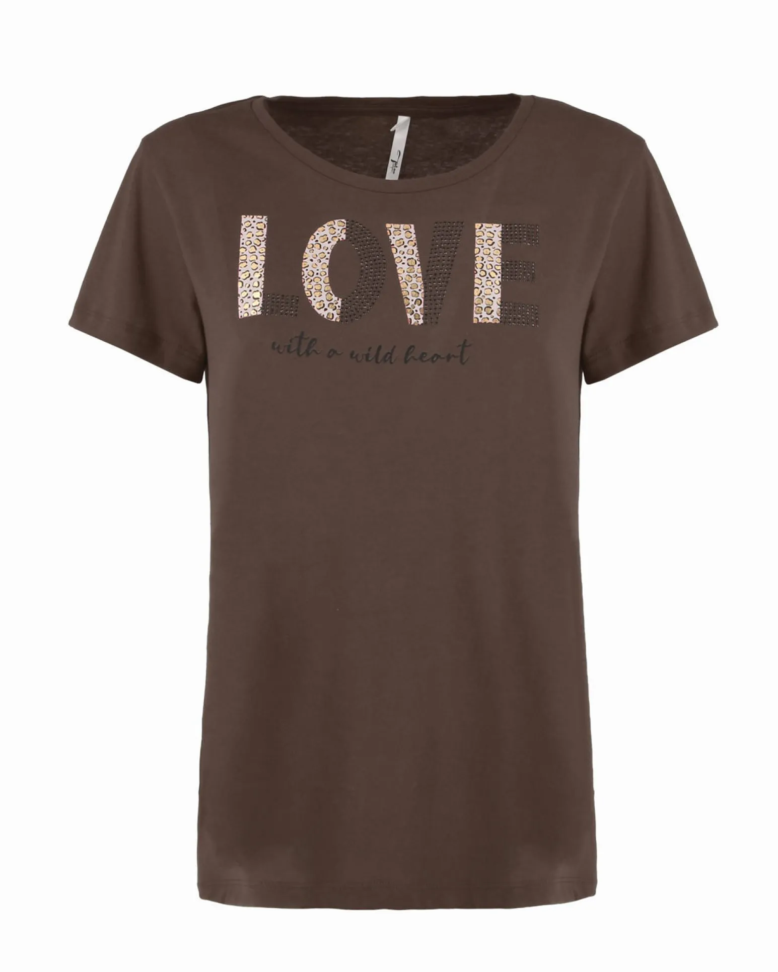 TATOO - Tshirt manica corta con scritta marrone in cotone