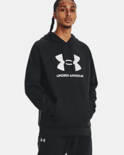 UNDER ARMOR - Felpa da uomo nera con cappuccio e logo bianco