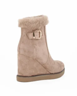 ZOE - Stivale khaki scamosciato con zip laterale e dettaglio bordo con pelliccetta, zeppa 9CM