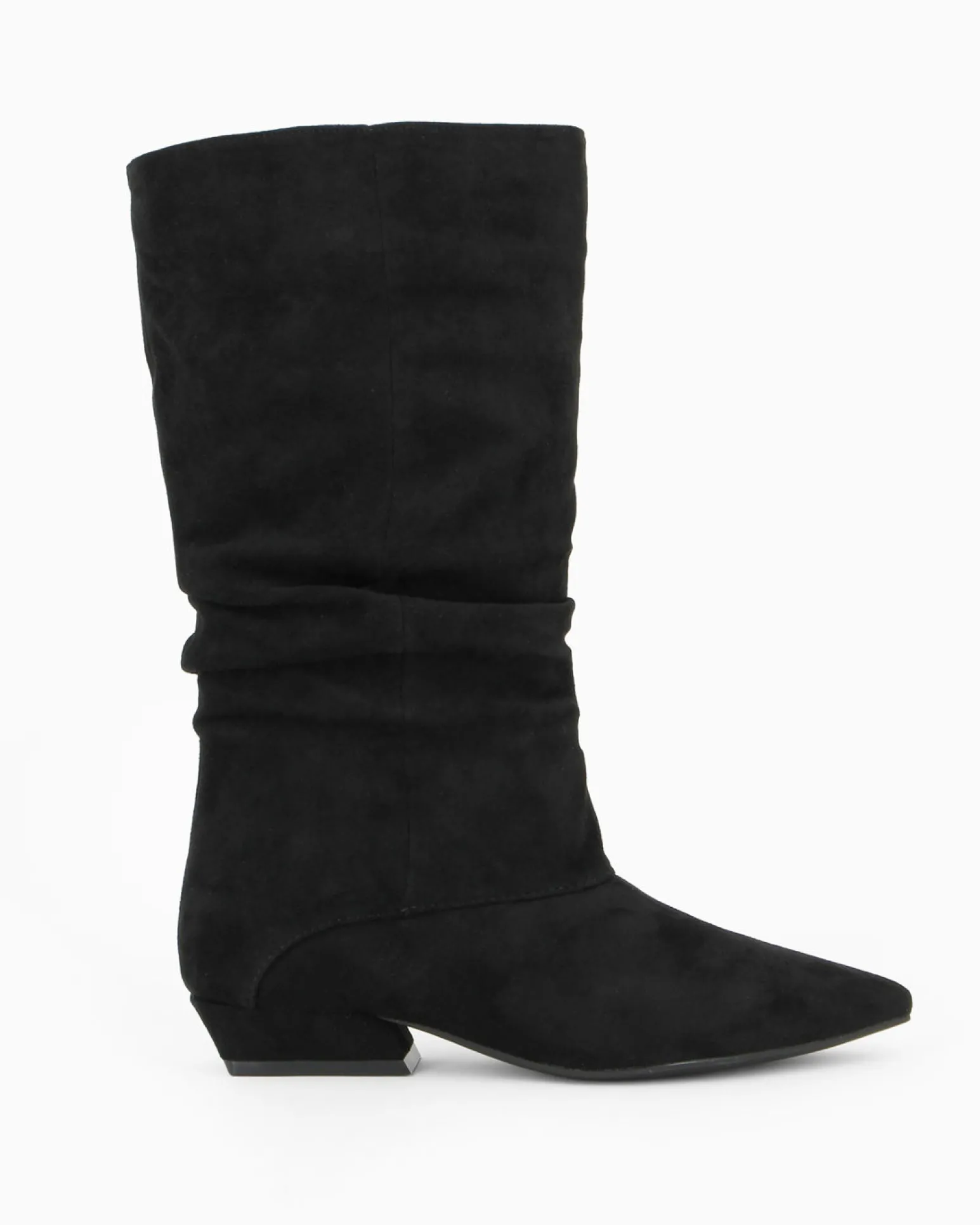 ZOE - Stivale nero scamosciato a punta con zip laterale e gambale arricciato, tacco 3CM