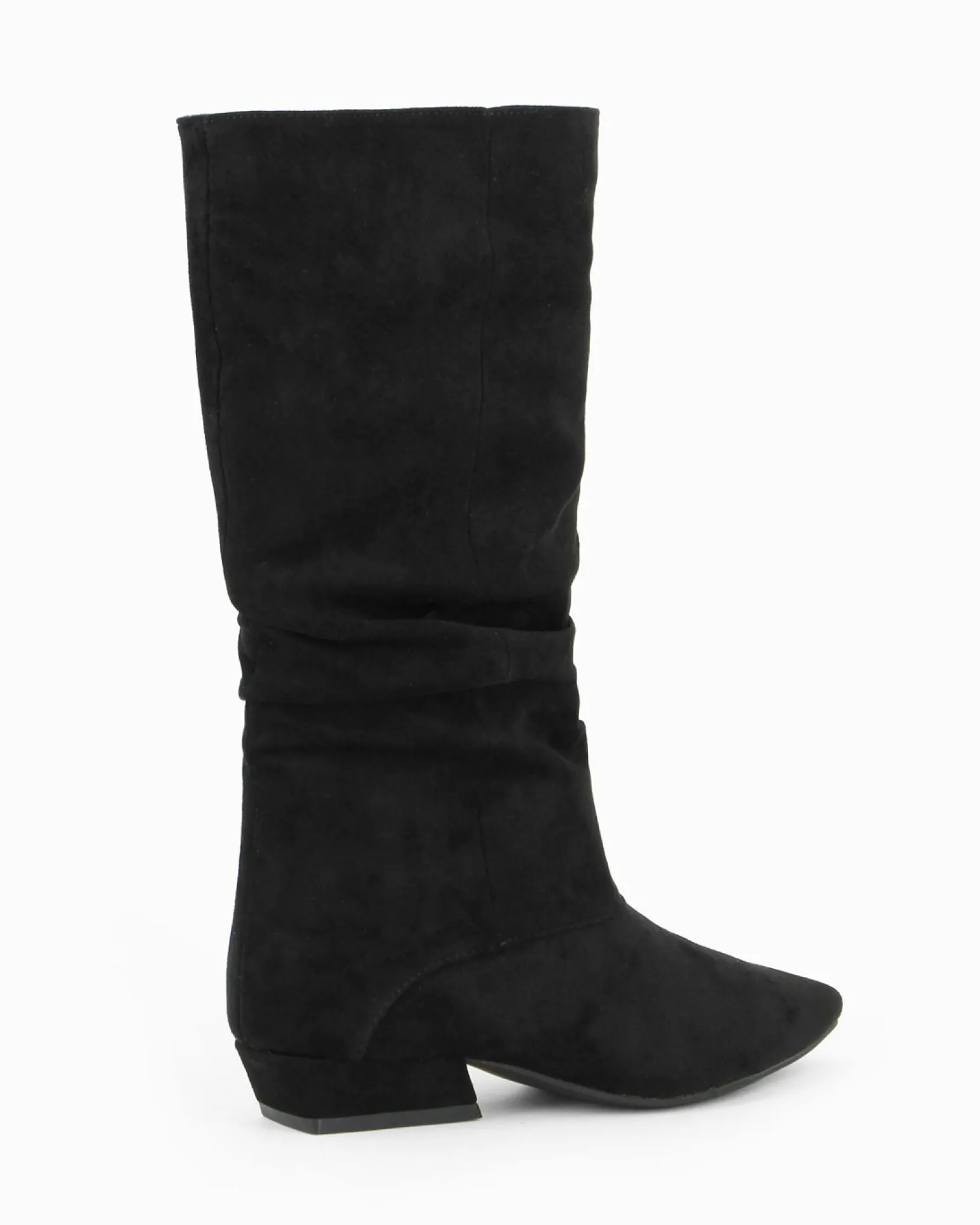ZOE - Stivale nero scamosciato a punta con zip laterale e gambale arricciato, tacco 3CM