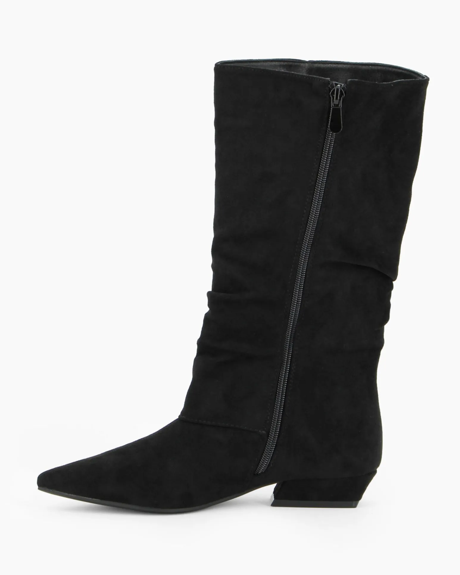 ZOE - Stivale nero scamosciato a punta con zip laterale e gambale arricciato, tacco 3CM