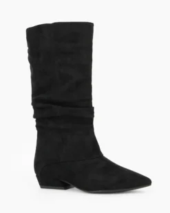 ZOE - Stivale nero scamosciato a punta con zip laterale e gambale arricciato, tacco 3CM