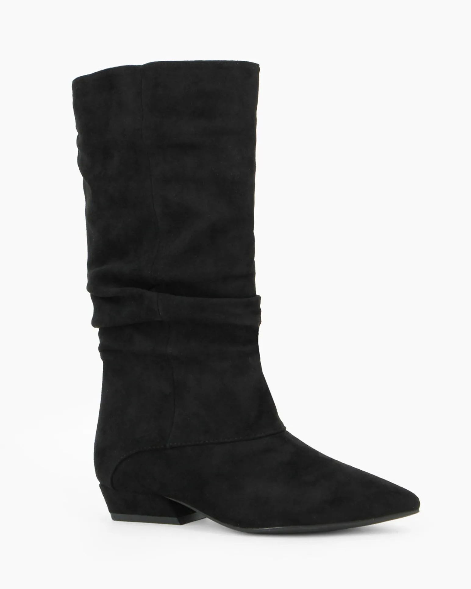 ZOE - Stivale nero scamosciato a punta con zip laterale e gambale arricciato, tacco 3CM