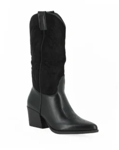 ZOE - Stivale texano nero con gambale scamosciato e zip laterale, tacco 6CM