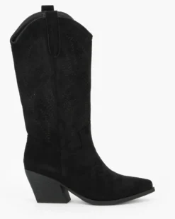 ZOE - Stivale texano nero scamosciato con zip laterale, tacco 7CM